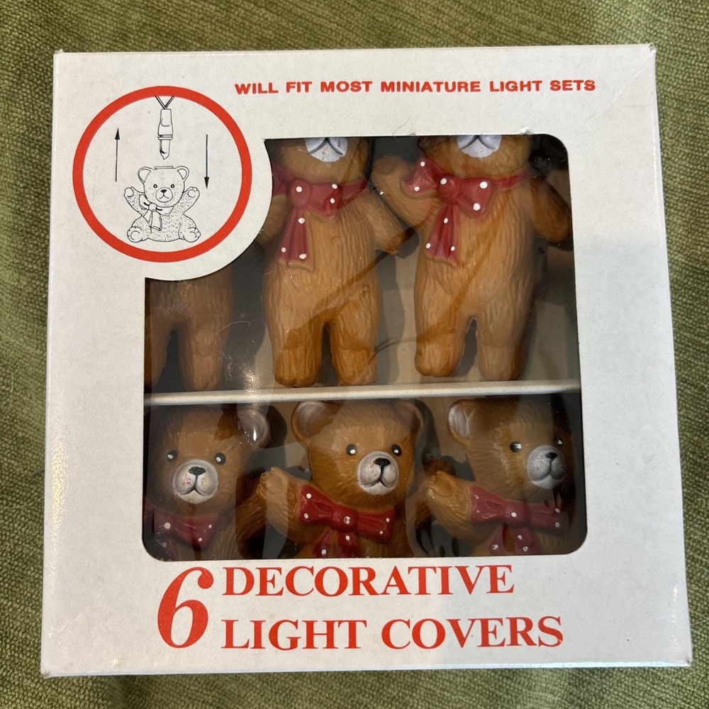6 Vintage Cute Teddy Bear Red Bow Light Strand Covers Blow Mold Retro Tree Decor
